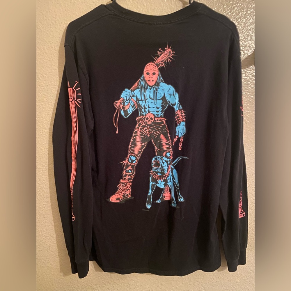 Medium AintNobodyCool Black Long Sleeve with designs on sleeves and the back.